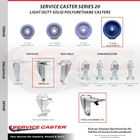 Service Caster 5 Inch Solid Polyurethane Swivel Top Plate Caster Lock Brakes 2 Rigid SCC, 2PK SCC-TTL20S514-SPUS-2-R-2